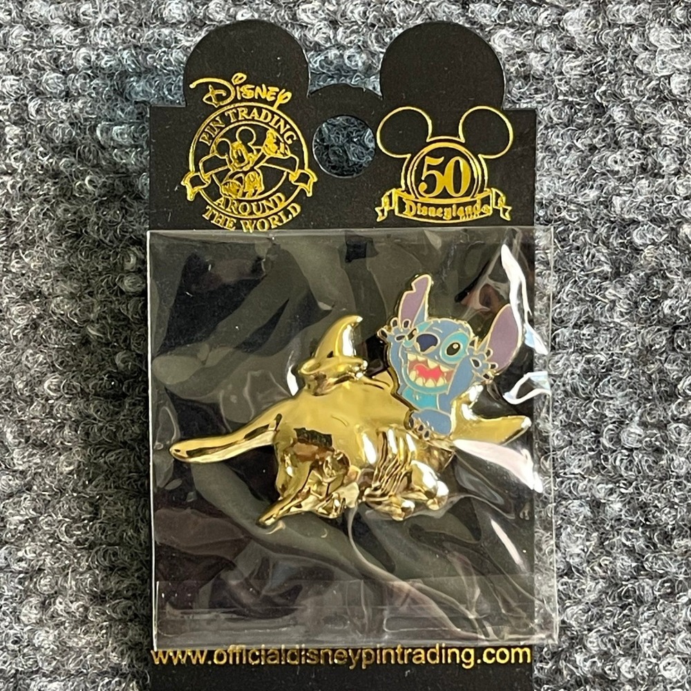 Disney Pin Trading Disneyland 50th Anniversary Stitch on Gold Rocket Dumbo Pin